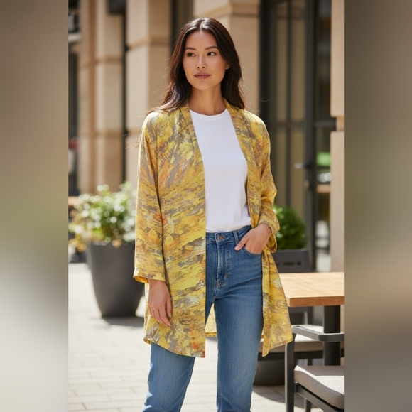 Yellow Abstract Patterned Open Jacket - Picture 1 of 4